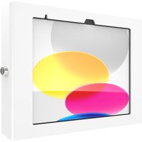 White Compulocks iPad wall mount enclosure with secure lock, designed for 10th-11th Gen iPads, sleek and modern design.