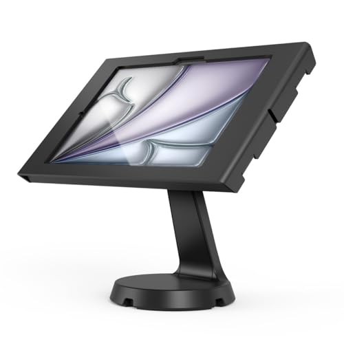 White space enclosure mast counter stand for iPad 10th-11th Gen, featuring a sleek design with a sturdy base and adjustable viewing angle for secure tablet display.