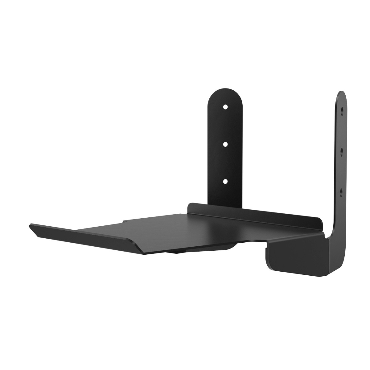 Black metal large screen floor stand with a sturdy design, featuring a flat shelf and two vertical mounting brackets for secure installation.