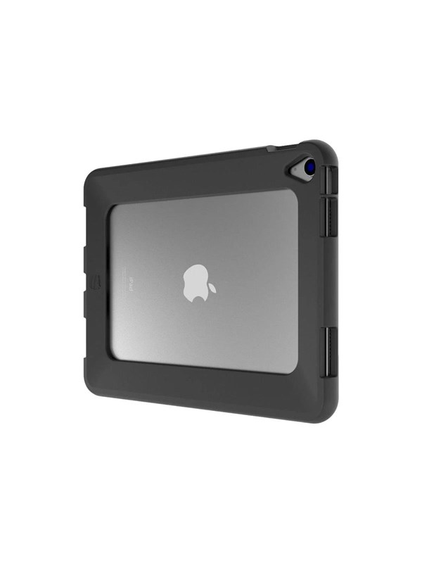 Black rugged edge case for iPad 10.9" 10th Gen, featuring reinforced corners, a textured grip, and precise cutouts for ports and camera.