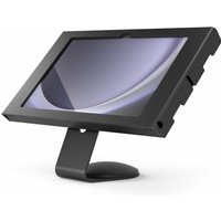 Black Compulocks Surface GO Apex Enclosure with angled stand, sleek design, and secure tablet frame.