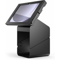 Black Compulocks tablet kiosk with angled enclosure, sleek design, and secure base for Surface GO 1-4 Gen tablets.