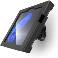 Black tilting wall mount with sleek enclosure for Surface GO 1-4, featuring secure frame and adjustable angle.