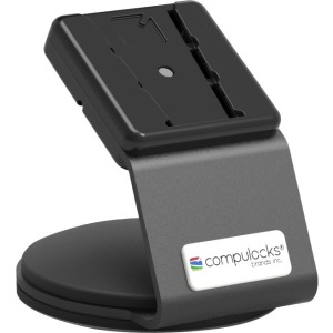 Black smartphone security stand with a sturdy base, adjustable holder, and a sleek design, featuring the Compulocks logo on the front.