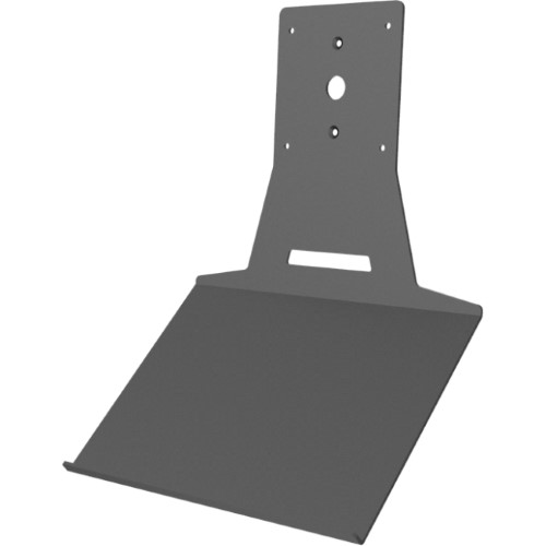 Black VESA-compatible keyboard tray with a sturdy metal design, featuring a mounting interface of 100x100 mm and a sleek, angled surface for ergonomic use.