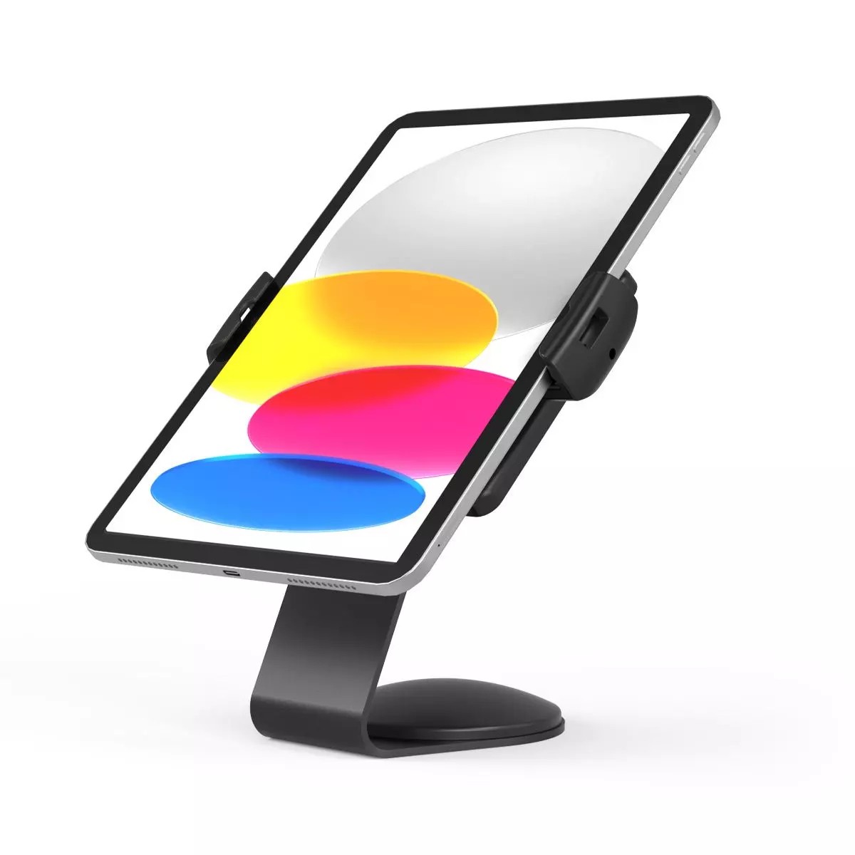 Universal tablet stand in black, featuring a sturdy base and adjustable holder, designed for counter use or wall mounting, showcasing a colorful tablet display.