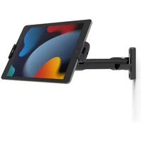Black Compulocks tablet wall mount with adjustable arm and secure clamping mechanism, holding a tablet horizontally.
