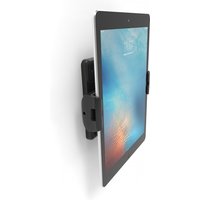 Black Compulocks tablet wall mount with VESA compatibility, sleek design, and secure clamping mechanism.
