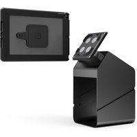 Black Compulocks tablet kiosk with magnetic mount, angular base, and secure holder for tablets.