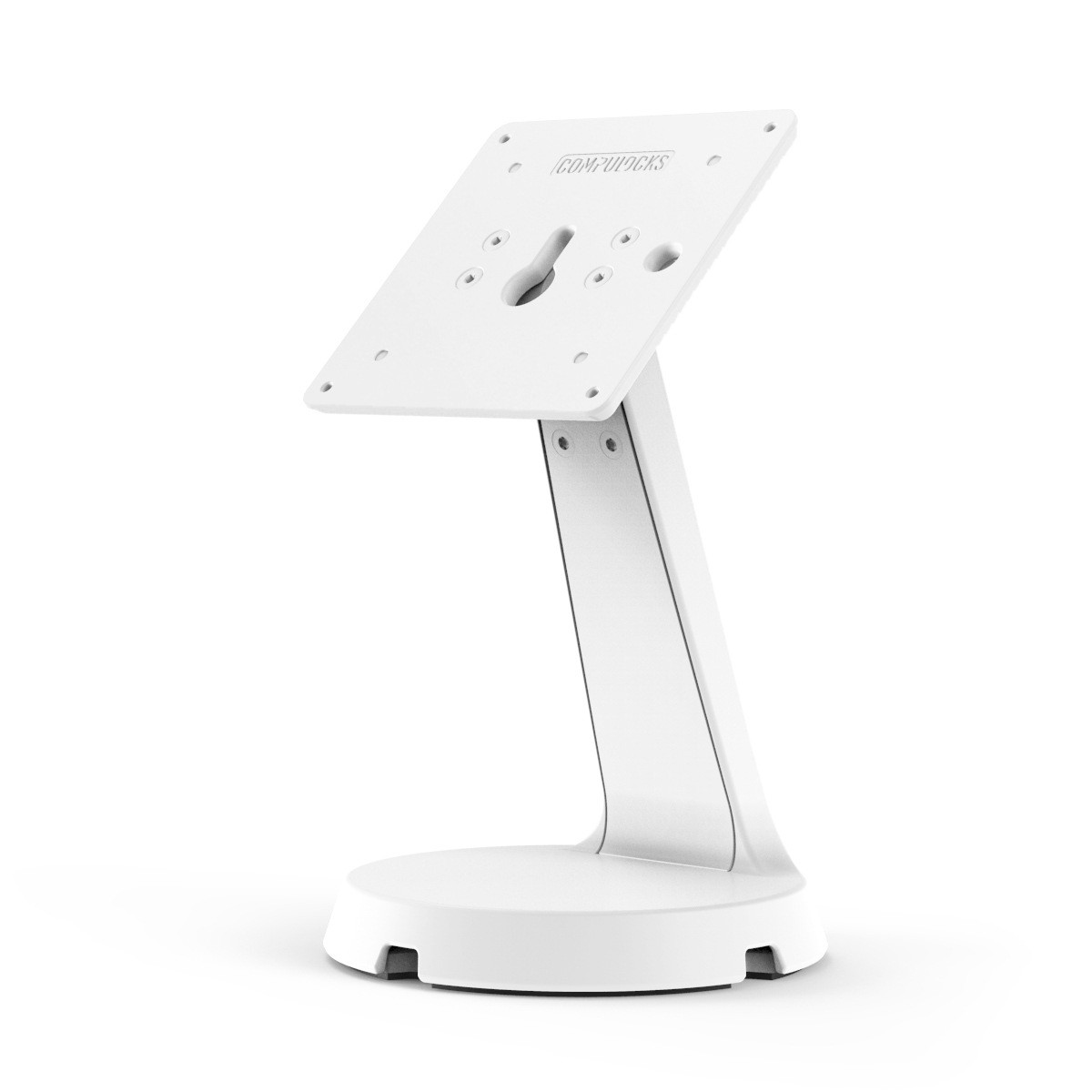 White metal tablet stand with a sturdy base and a vertical arm, featuring a square mounting plate with multiple holes for secure attachment.