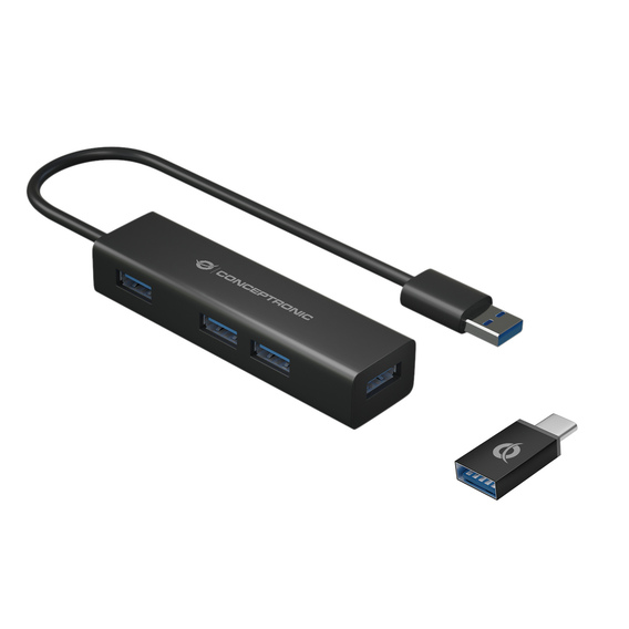 Black USB hub with four Type-A ports, a flexible cable, and a USB Type-C adapter, designed for high-speed data transfer up to 5000 Mbits/s.