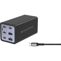 Black Conceptronic 6-port 200W GaN USB PD charger with USB-C cable, featuring multiple USB-C and USB-A ports.