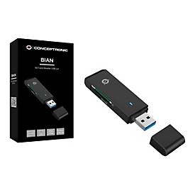 Black Conceptronic BIAN02B SD card reader with USB 3.0 interface, featuring a sleek design and a removable cap, displayed alongside its packaging.