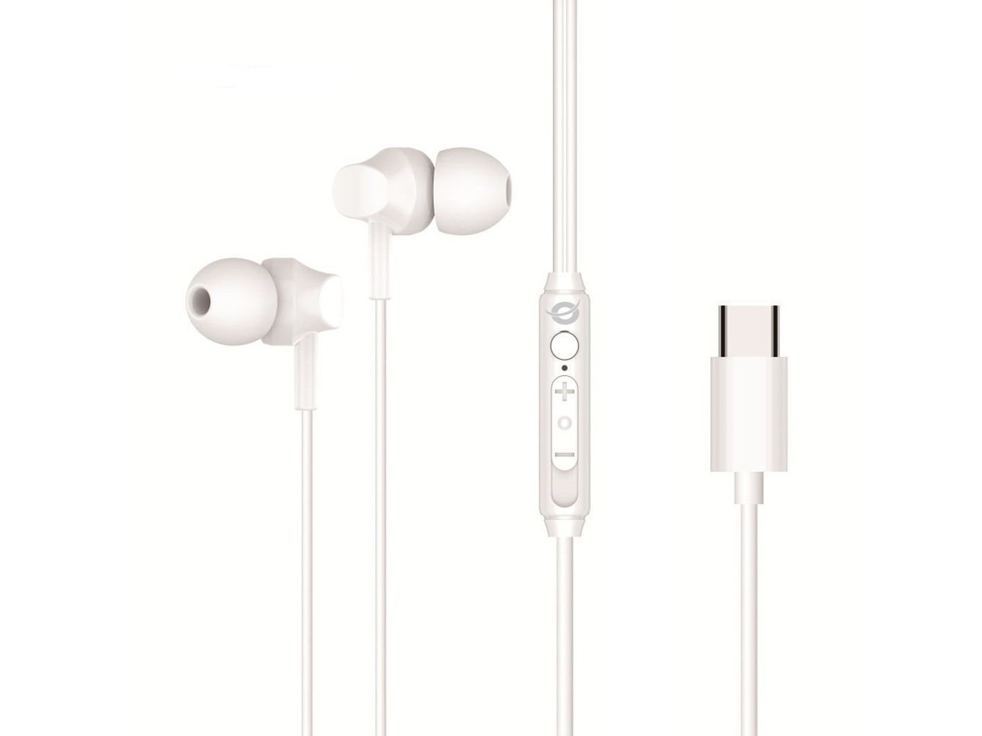 White USB-C in-ear headset with silicone ear tips, featuring a built-in microphone and remote control on the cable.