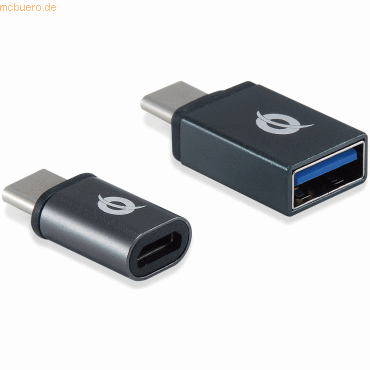 Two Conceptronic DONN04G adapters in black, one USB-C and one USB-A/MicroB, featuring a sleek design with a silver logo, supporting 10Gbps transfer speed.