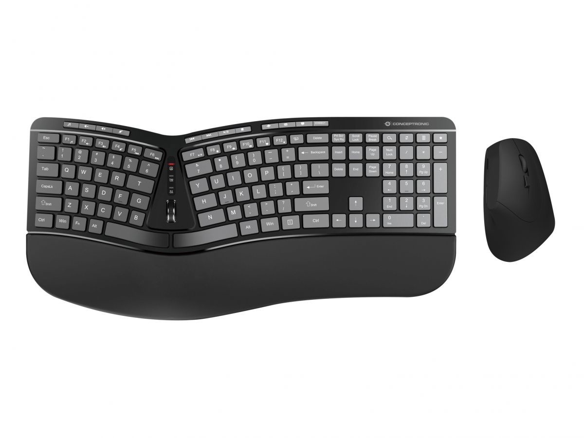 Black ergonomic keyboard with a curved design and gray keys, accompanied by a matching black wireless mouse, both featuring a sleek, modern aesthetic.