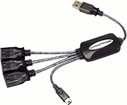 Black Conceptronic HUBBIES05B USB hub with four USB 2.0 ports, featuring a sleek design and flexible cables for easy connectivity.