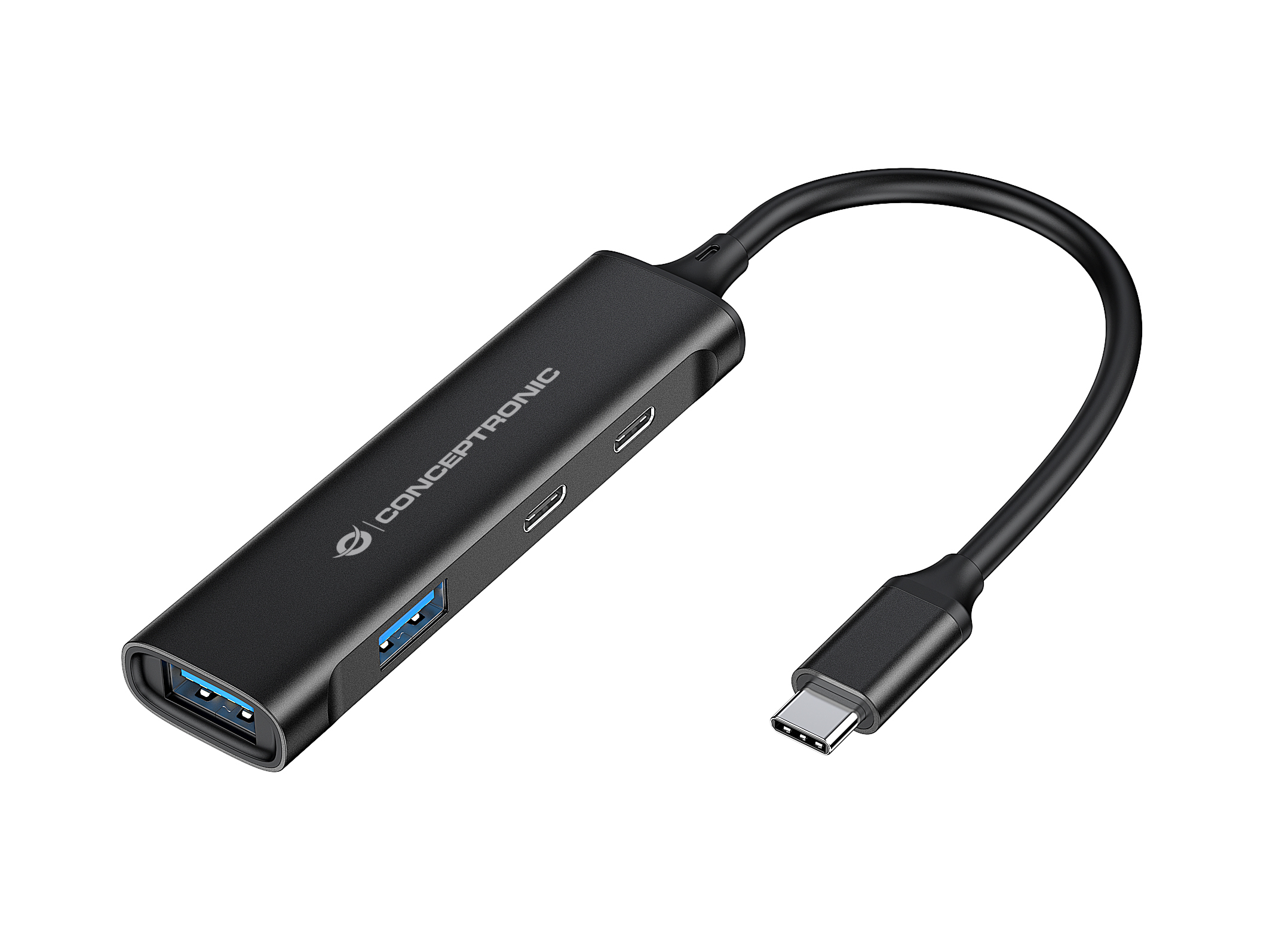Black Conceptronic HUBBIES12B USB-C hub with four ports, featuring two USB 3.2 Gen 2 ports and a sleek, compact design for easy connectivity.