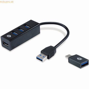 Black 4-port USB 3.0 hub with blue connectors and a USB-C OTG adapter, featuring a compact design and flexible cable for easy connectivity.