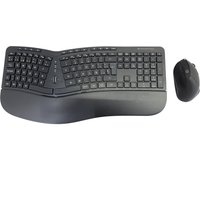 Black ergonomic wireless keyboard with split design and cushioned wrist rest, paired with a contoured wireless mouse.