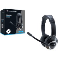 Black Conceptronic POLONA02B gaming headset with headband, wired connection, and adjustable microphone.
