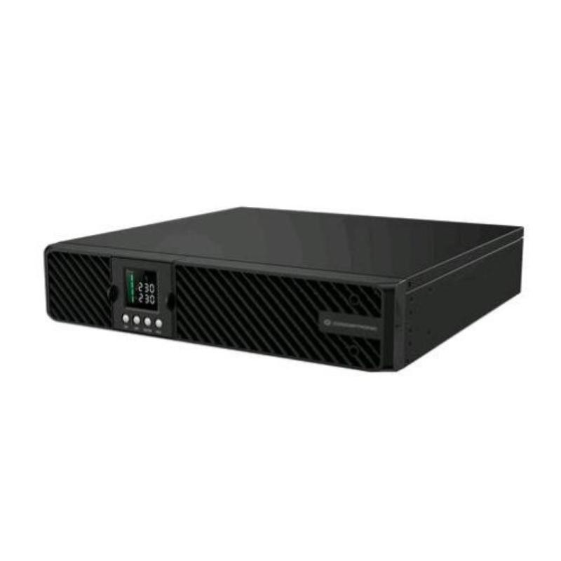 Black Conceptronic ZEUS51E1K 1000VA 1000W Online UPS with a sleek design, featuring a digital display and control buttons on the front, and ventilation grilles on the sides.