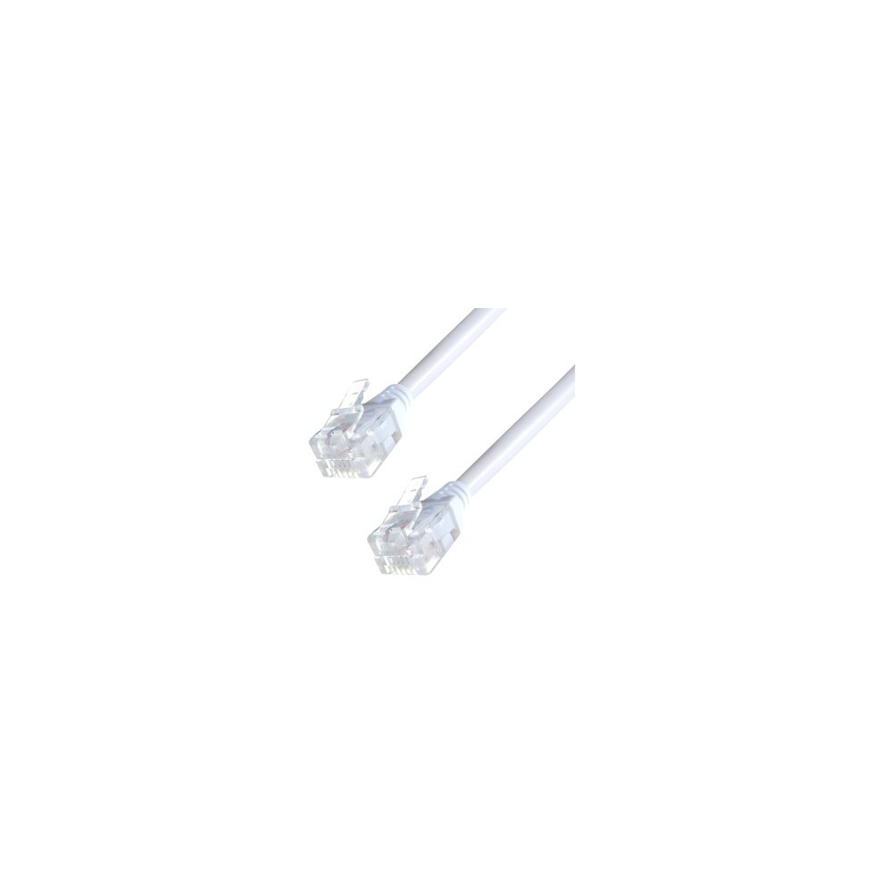 White 15m ADSL modem cable with RJ11 male connectors on both ends, featuring clear plastic clips for secure connection.