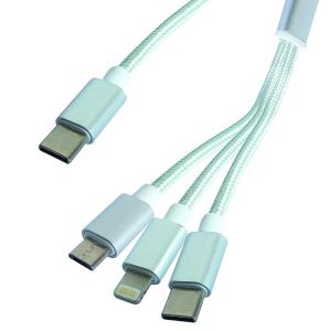 A 1m braided USB 3-in-1 charge and sync cable featuring Type C, Type A, and Lightning connectors, with a sleek silver and white design.
