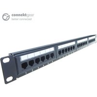 Black connektgear 24 port patch panel, Cat5e IDC punch down, 19-inch rack mount with numbered ports and logo on top left.
