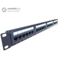 Black 24 port patch panel with numbered ports, Cat6 IDC punch down, 19-inch rack mount by CONNEkT Gear.
