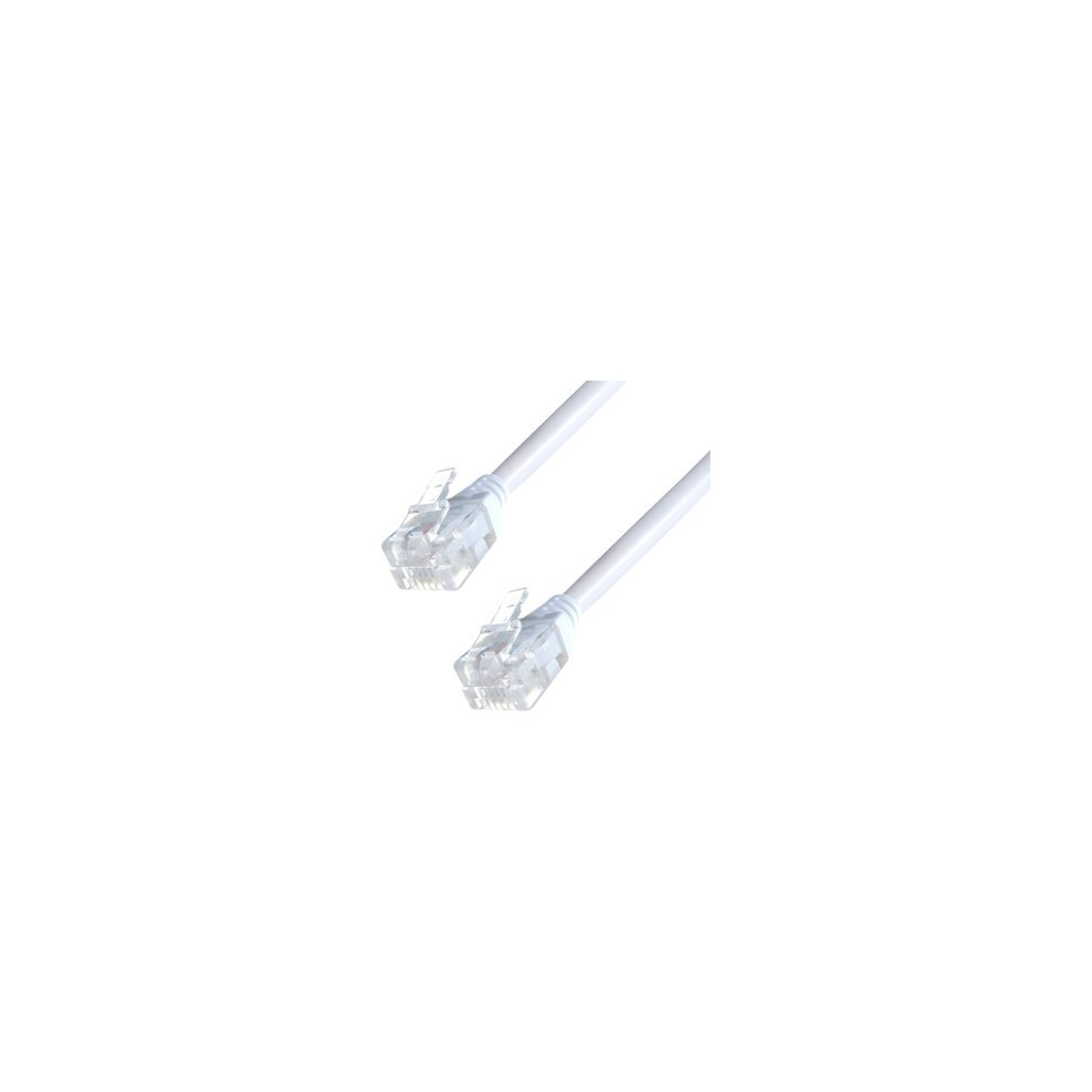 White 2m ADSL broadband modem cable with RJ11 male connectors on both ends, featuring clear plastic clips for secure connection.