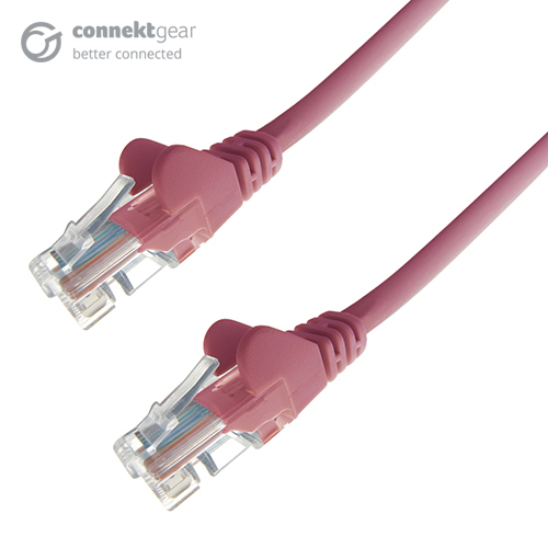 Pink 5-meter Cat6 U/UTP networking cable with clear connectors, featuring a flexible design and durable material for reliable connectivity.