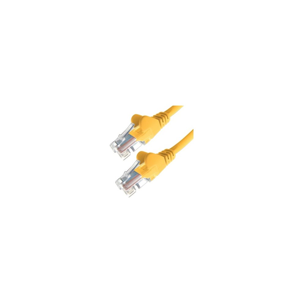 Yellow 10-meter Cat6 U/UTP networking cable featuring transparent connectors at both ends, designed for high-speed data transmission.