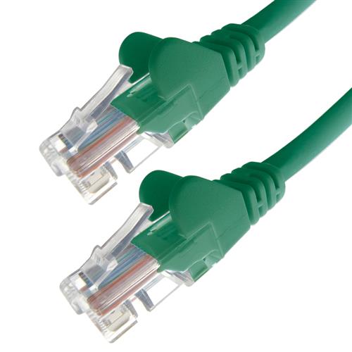Green 20-meter Cat6 U/UTP networking cable with transparent connectors, featuring a durable design for reliable data transmission.