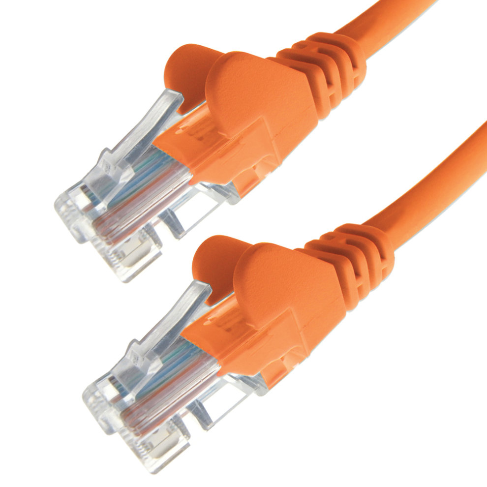 Orange 20-meter Cat6 U/UTP networking cable featuring transparent connectors and a flexible, durable design for reliable data transmission.