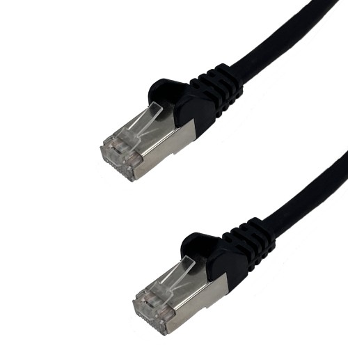 Black 2-meter Cat6a S/FTP networking cable featuring clear plastic connectors with metal clips on both ends, designed for high-speed data transmission.