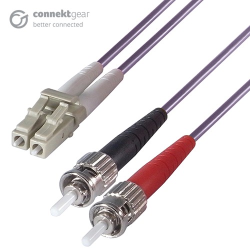 Purple 3m duplex fibre optic multi-mode cable with LC and SC connectors, featuring a 50/125 micron specification, designed for high-speed data transmission.
