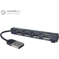 Black connektgear 4 Port USB 2 Hub, slim rectangular design with attached USB cable, four labeled USB ports.