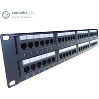 Black 48 port patch panel with numbered ports, Cat5e IDC punch down, 19-inch rack mount by CONNEkT Gear.