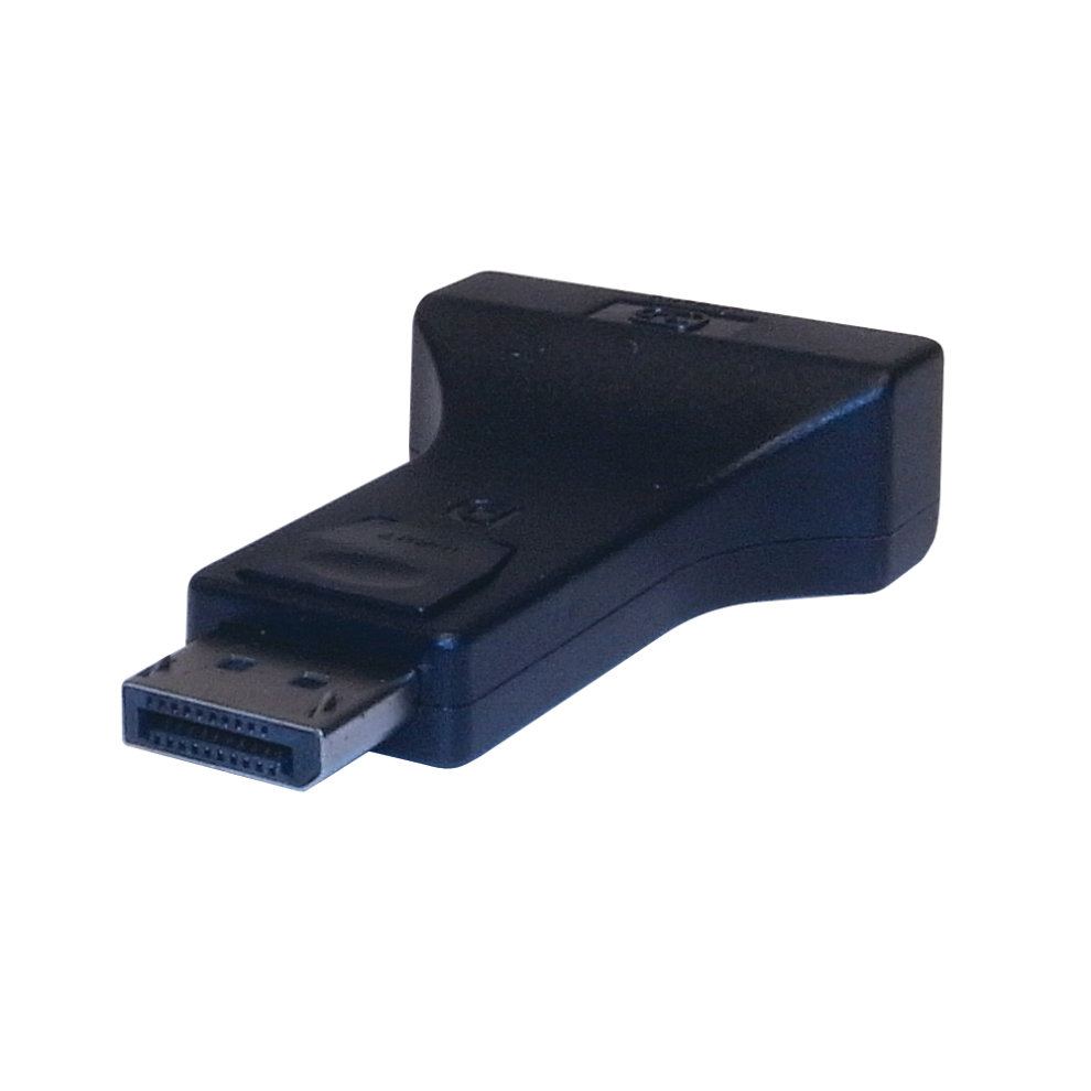 Black DisplayPort to DVI-I active adapter with a compact design, featuring a DisplayPort connector on one end and a DVI-I output on the other.