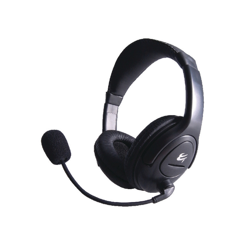 Black multimedia stereo headset with plush ear cushions, adjustable headband, and a flexible boom microphone for clear audio communication.