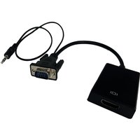 Black connektgear VGA to HDMI adapter with VGA male connector, HDMI female port, and attached audio cable.