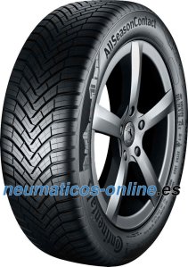 Black all-season tire with a tread pattern designed for year-round performance, featuring a silver alloy wheel with a multi-spoke design and "Continental AllSeasonContact" branding.