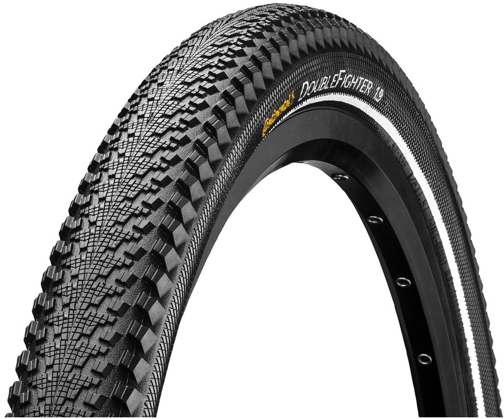 Black Continental Double Fighter 3 bike tyre, 20x1.75 inch, with textured tread and reflective sidewall.