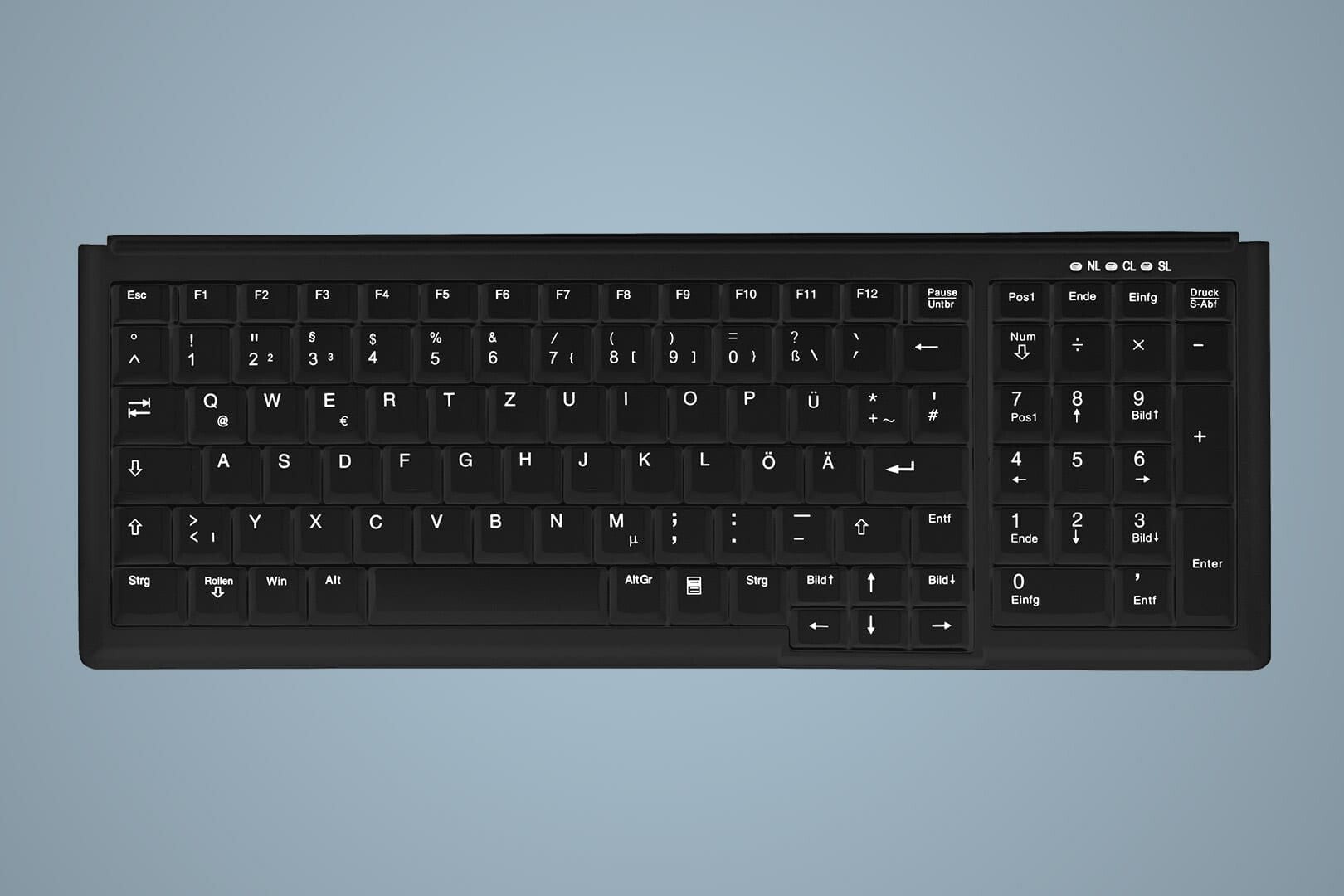 Black industrial keyboard with a QWERTY layout, featuring large, clear keys, a PS/2 connector, and additional function keys for enhanced usability.
