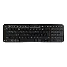 Wireless black keyboard with a sleek design, featuring low-profile keys, a UK layout, and a compact form ideal for ergonomic use.