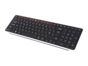 Compact black keyboard with a flat edge, featuring three tilt options and a sleek design, ideal for ergonomic use.