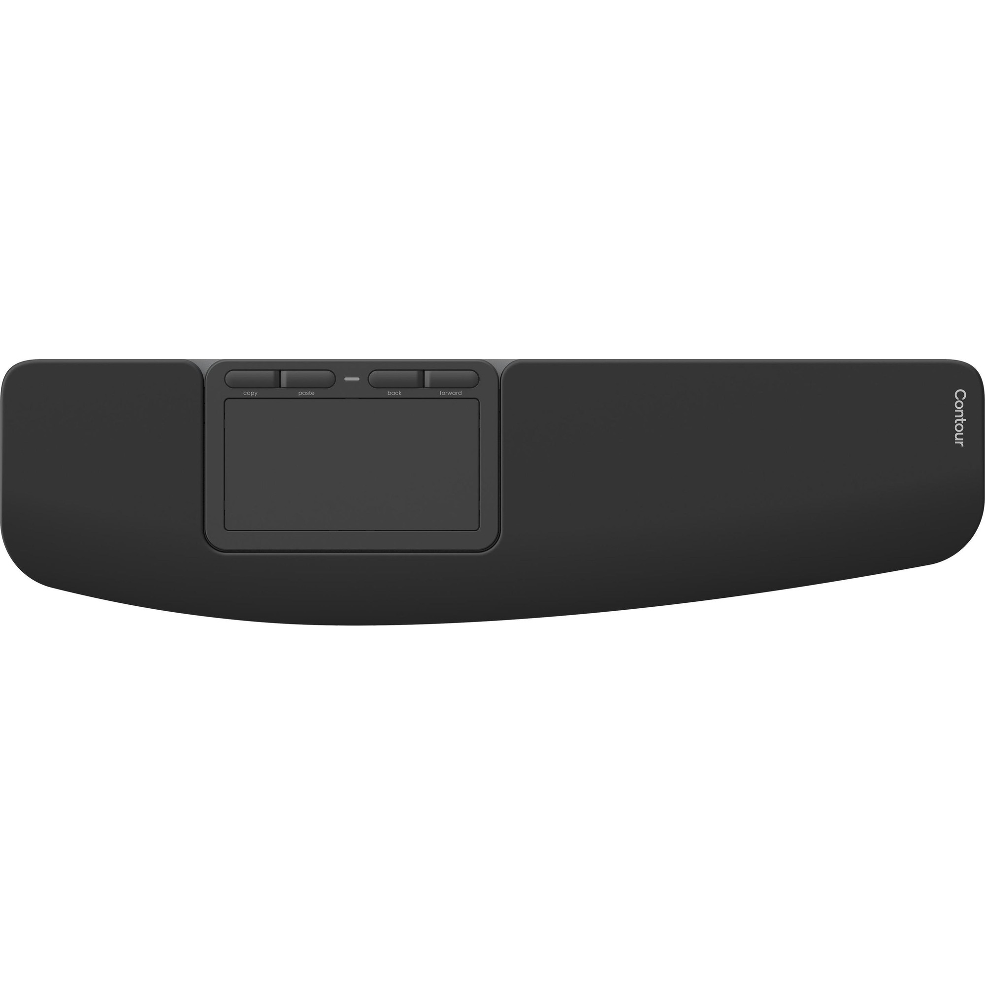 Black ergonomic wireless touchpad with a smooth surface, featuring a rectangular touch area and three customizable buttons on the top for enhanced navigation.