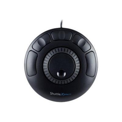 Black USB control device with a circular design, featuring a central jog dial and six surrounding buttons, labeled for easy navigation, ideal for multimedia editing.