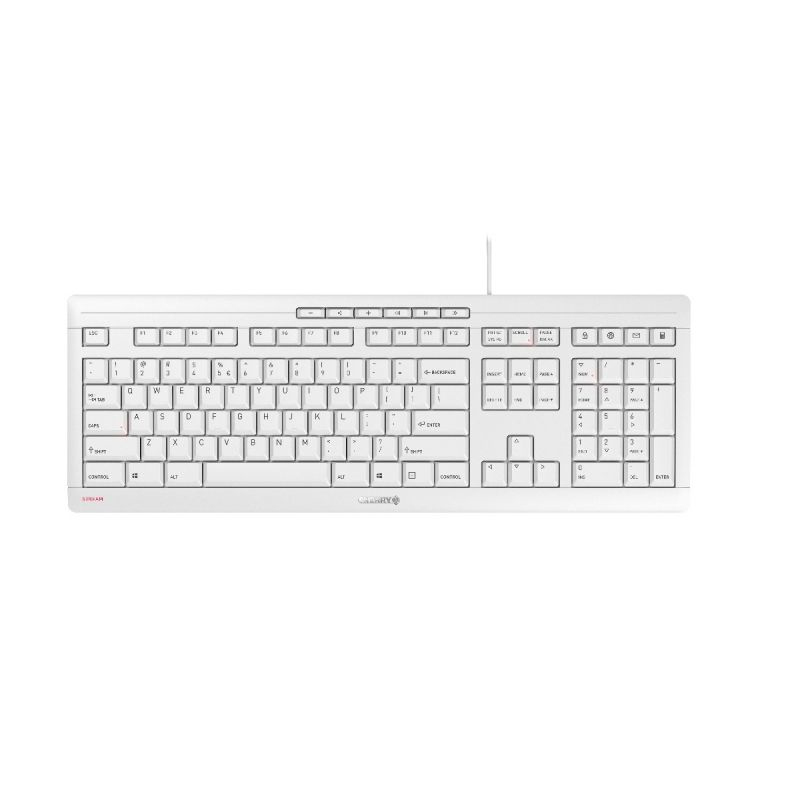 Universal USB QWERTY keyboard in Nordic Grey, featuring a sleek white design, low-profile keys, and a compact layout suitable for various devices.